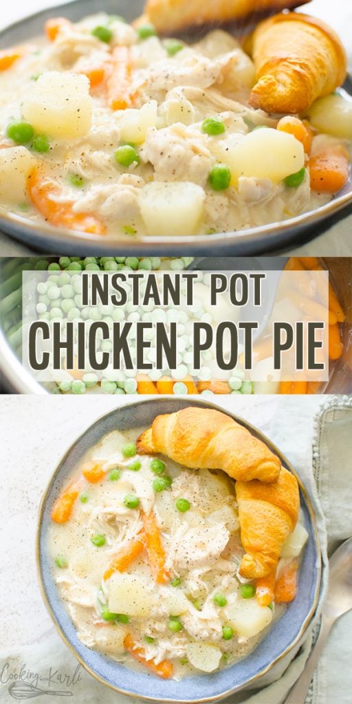 Instant Pot Chicken Pot Pie is all of the flavor from the classic oven baked favorite all made in under 30 minutes! From the perfectly cooked potatoes and carrots to the tender, shredded chicken this one pot, dump & start Instant Pot meal will be your family's favorite! |Cooking with Karli| #chickenpotpie #instantpot #pressurecooker #comfortfood #chicken #onepotmeal #dumpandstart