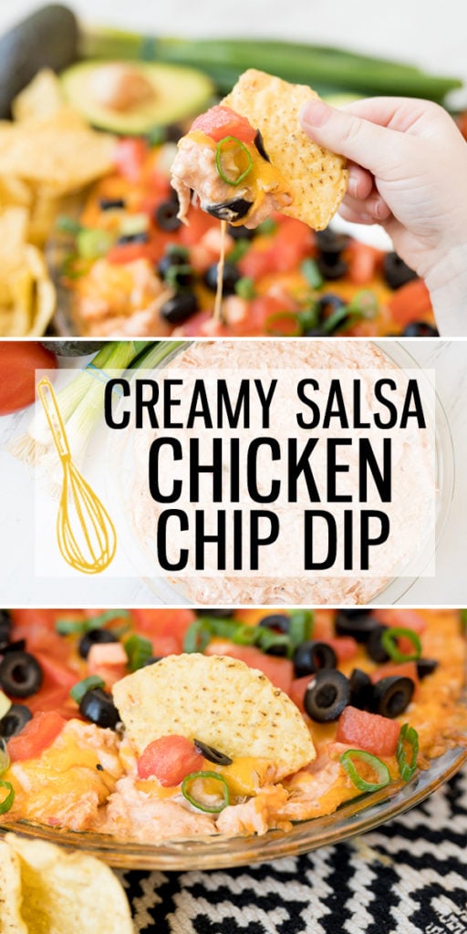 Creamy Salsa Chicken Dip is an easy appetizer that will wow your tastebuds! The base of the dip only uses 4 ingredients! Cream cheese, salsa, chicken and cheese! Top with tomatoes, olives, green onions, avocado.. whatever you like! This will become your favorite tortilla chip dip! |Cooking with Karli| #dip #chip #salsa #creamcheese #chicken #layerdip #appetizer #side #easy #hot