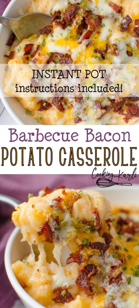 Barbecue Bacon Potato Casserole is a smokey twist on the classic twice baked potato. The creamy mashed potatoes are hit with a some barbecue sauce  to give the potatoes a whole new dimension. Bacon and cheese are broiled on the top until it reaches melty perfection.