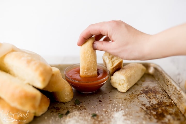 copy cat Little Caesars crazy bread, finished and served with dipping sauce