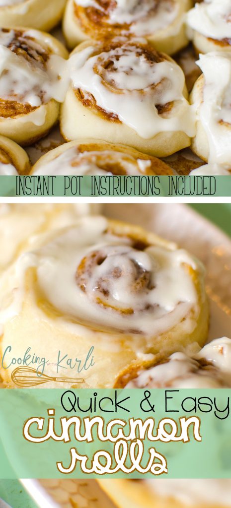 Quick and Easy Cinnamon Rolls are soft and chewy with the perfect ratio of bread to cinnamon filling, topped with a delicious vanilla butter cream. These are fresh, out of your oven in less than 90 minutes! -Cooking with Karli- #recipe #cinnamonrolls #fast #easy #instantpot