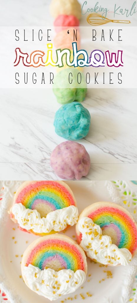 Slice 'n Bake Rainbow Sugar Cookies are made from a soft vanilla sugar cookie dough, rolled in layers, then sliced and baked. The cookies are finished off with vanilla butter cream clouds.