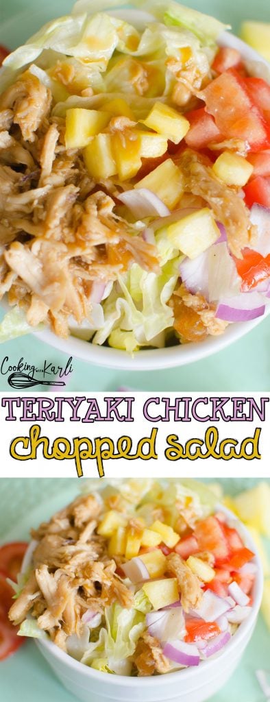 Teriyaki Chicken Chopped Salad consists of crunchy lettuce, warm teriyaki chicken, fresh pineapple and an array of optional toppings. The salad is finished off with a drizzle of homemade teriyaki dressing.