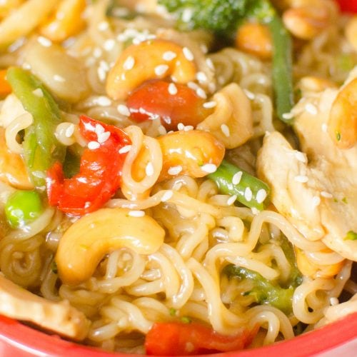 Instant Pot Cashew Chicken and Noodles is finished in no time, literally zero minutes on high pressure! The ramen noodles soak up the sweet sauce that perfectly pairs the veggies, cashews and chicken.