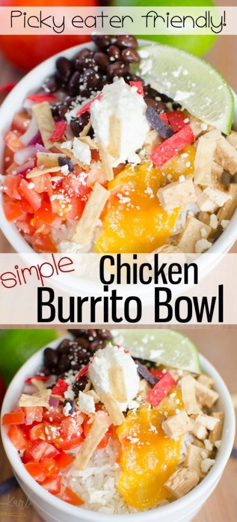 Chicken Burrito Bowls are everything you love about a burrito, with the ease of throwing everything in the bowl. The rice, beans, cheese, seasoned chicken, salsa, sour cream and cilantro are tossed together to make a quick, easy and customizable dinner.