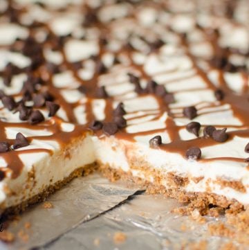No Bake Chocolate Chip Cookie Slab Cheesecake is a sweet and creamy no bake cheesecake loaded with chocolate chip cookie pieces on top of a simple cookie crust to make this a crowd pleasing dessert. 