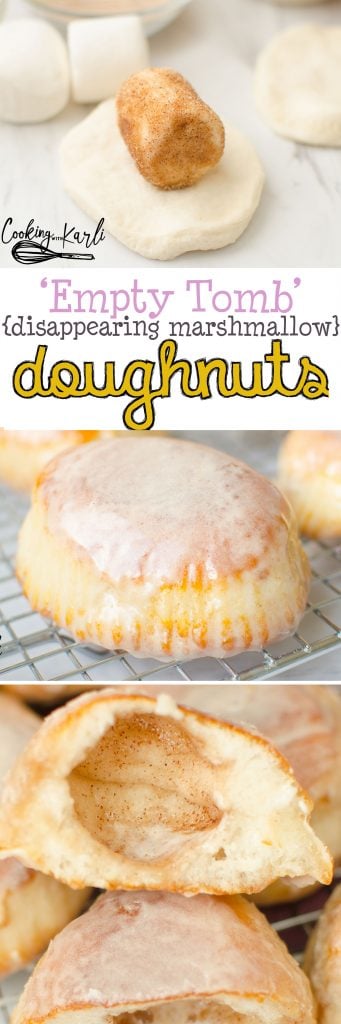 Empty Tomb 'Disappearing Marshmallow' Doughnuts are a tasty treat with a great Easter message. Made from biscuit dough and marshmallows dipped in cinnamon and sugar, then lightly fried before being dunked in doughnut glaze.