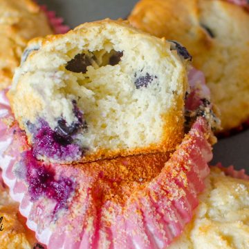 Pancake Mix Blueberry Muffins are made from pancake mix, sugar, butter, milk, an egg and fresh blueberries. This recipe is totally Kid Cook Friendly and makes a super tasty snack!