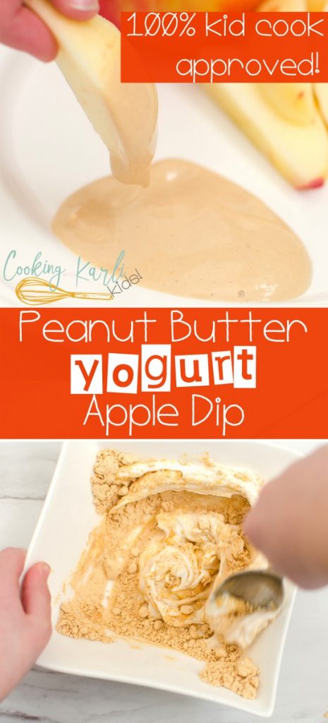 Peanut Butter Yogurt Apple Dip is Kid Cook friendly and good for a growing body too! Made from plain yogurt and powdered peanut butter, this dip is sure to make apples disappear fast! 