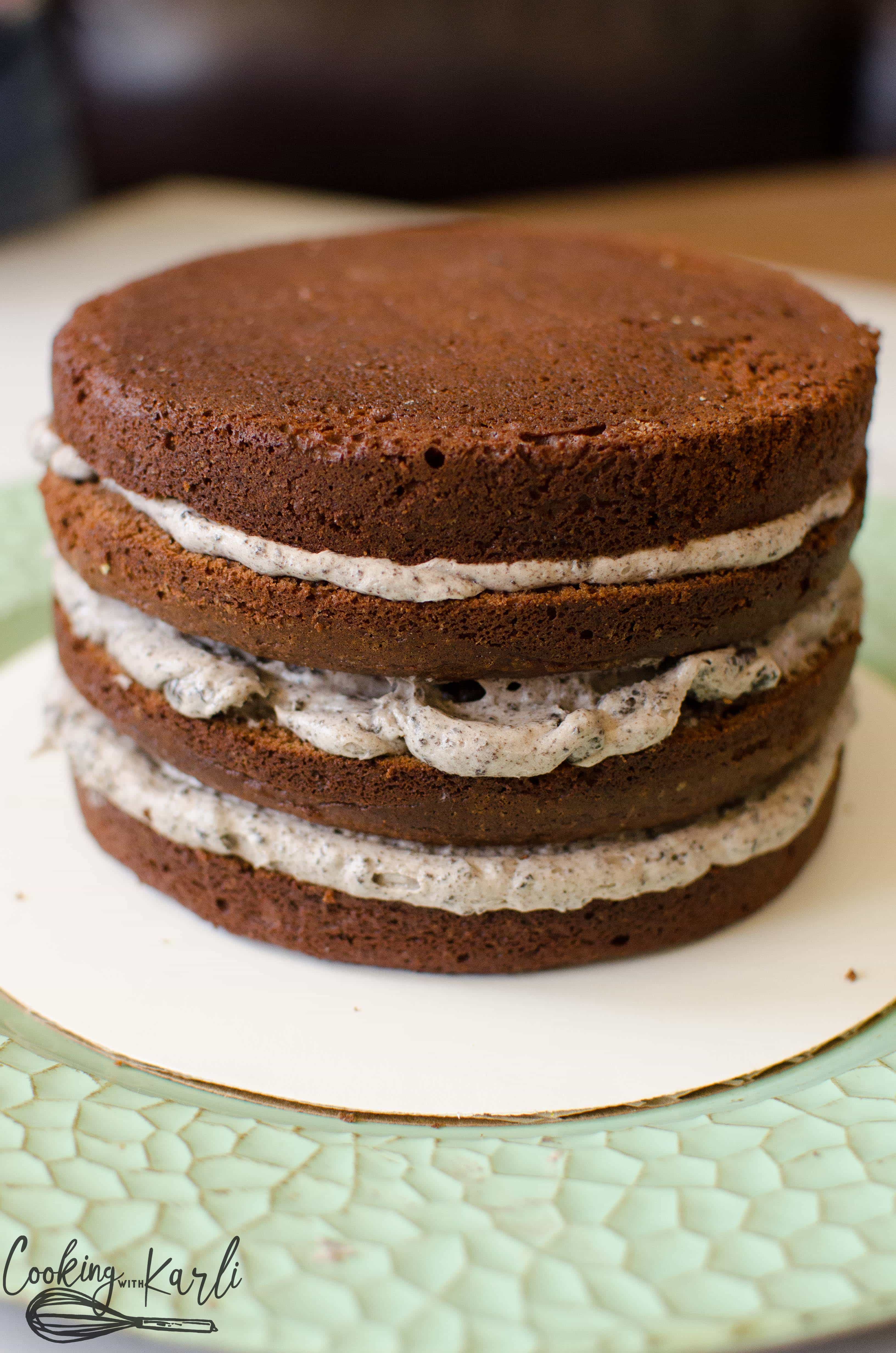 Oreo frosting is perfect to go onto chocolate layered cake.