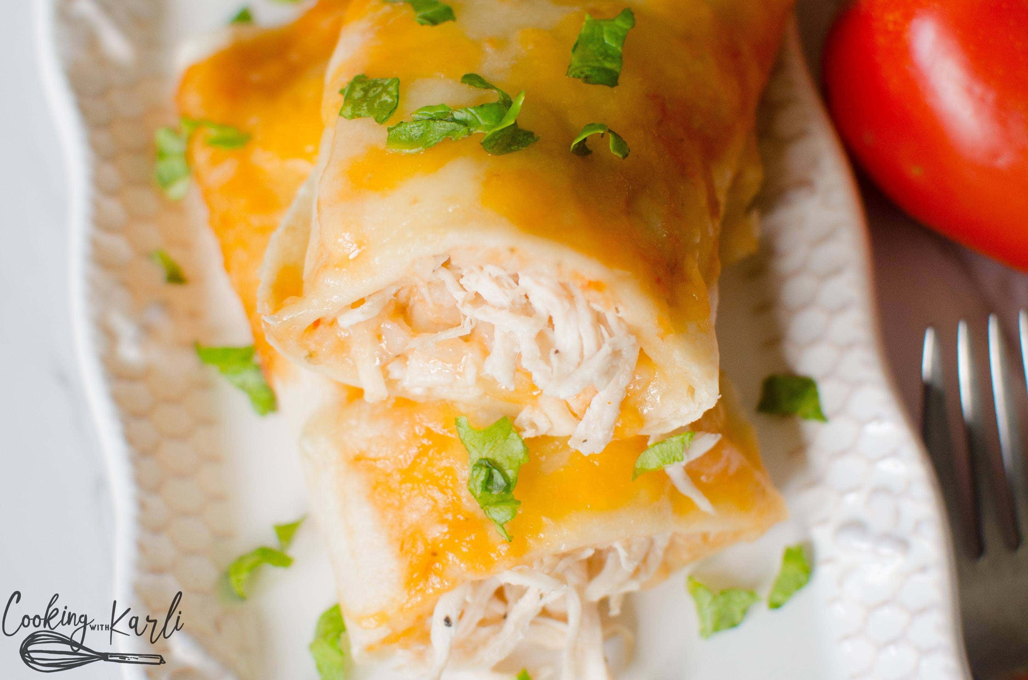 Chicken and Rice Enchiladas made with an easy salsa sauce.