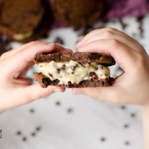 Chocolate Cookie Dough Sandwiches are a cookie dough whipped cream sandwiched in between two rich, chewy chocolate cookies.  This is a dessert lover's ultimate dream!
