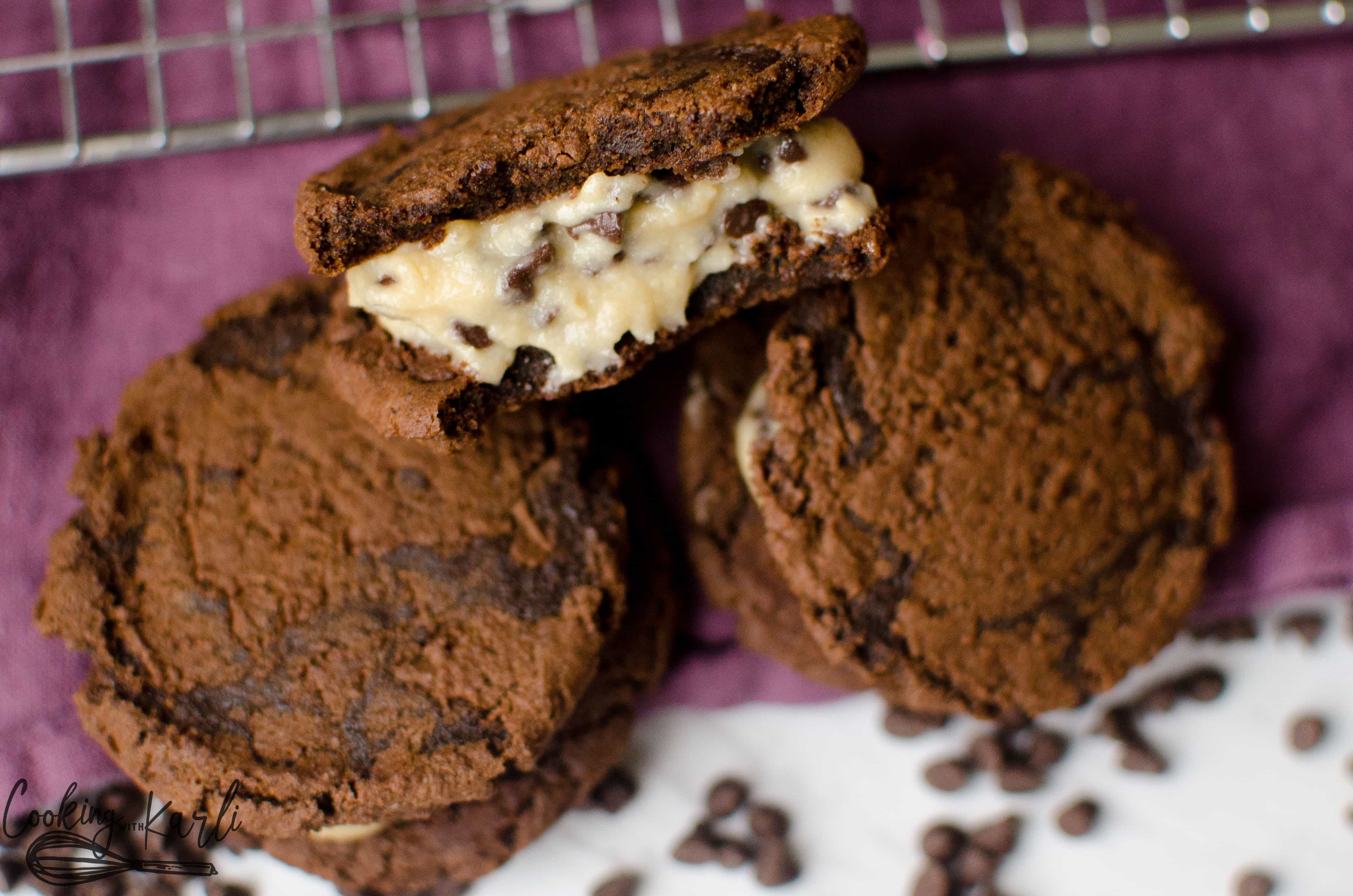 Chocolate Cookie Dough Sandwiches are a cookie dough whipped cream sandwiched in between two rich, chewy chocolate cookies.  This is a dessert lover's ultimate dream!