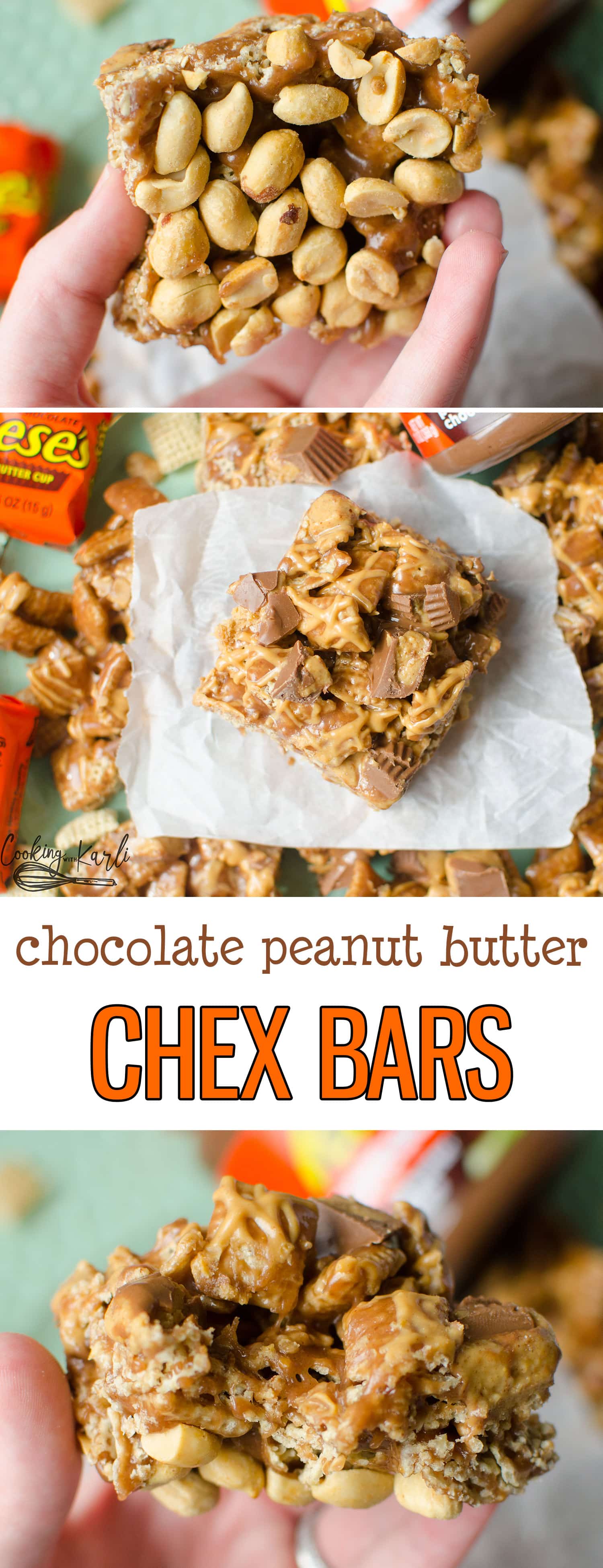 Chocolate Peanut Butter Chex Bars are fully loaded with Reese's Peanut Butter Chocolate Spread, Reese's Peanut Butter Cups, peanut butter drizzle, Chex Cereal and a peanut covered bottom. Any Peanut Butter and Chocolate lover will be in heaven with these! |Cooking with Karli| #chocolate #peanutbutter #chex #cerealbar #dessert #reese's #spreads #dessert #recipe