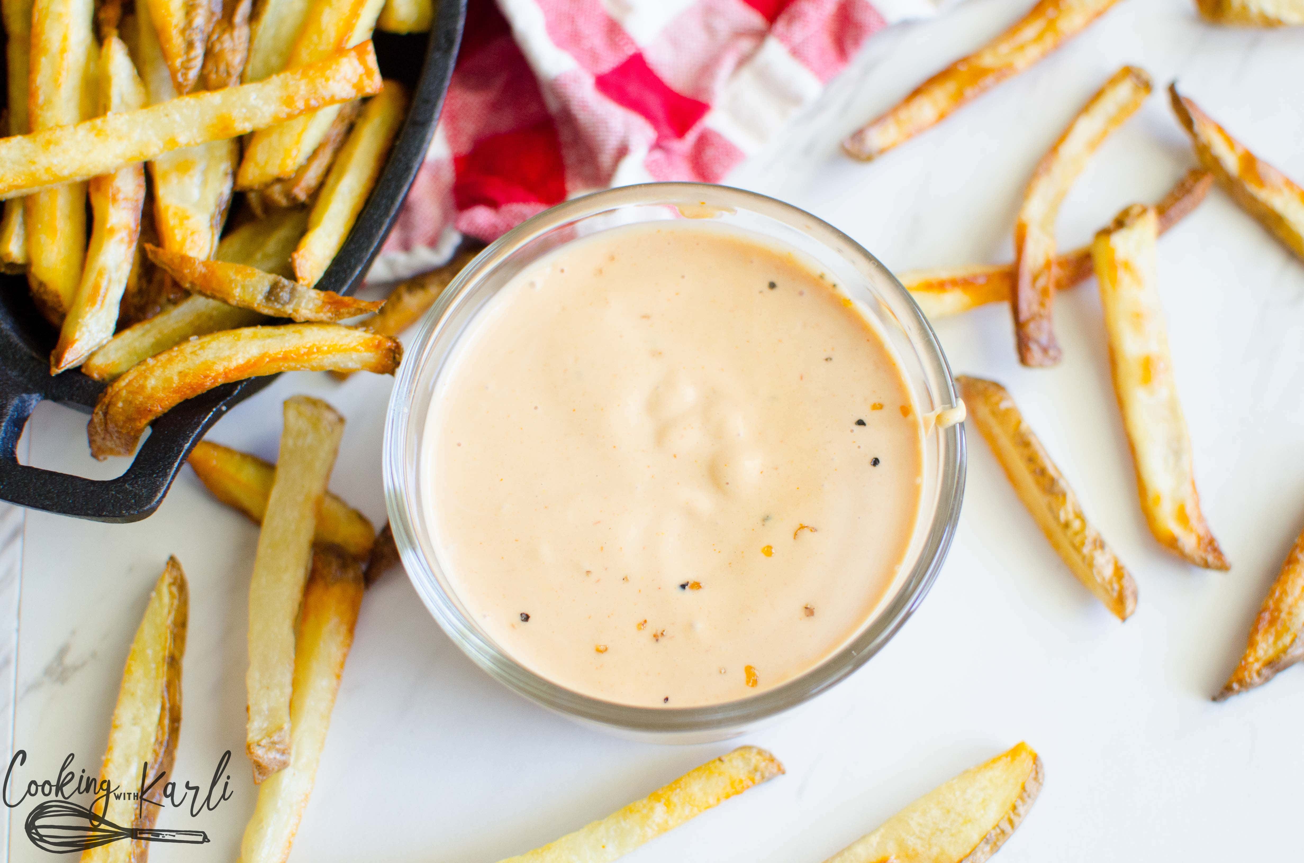 French Fry dipping sauce made from mayo, ketchup, mustard, vinegar and bbq sauce.