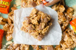 Peanut Butter and chocolate covered rice chex with a peanut covered bottom.