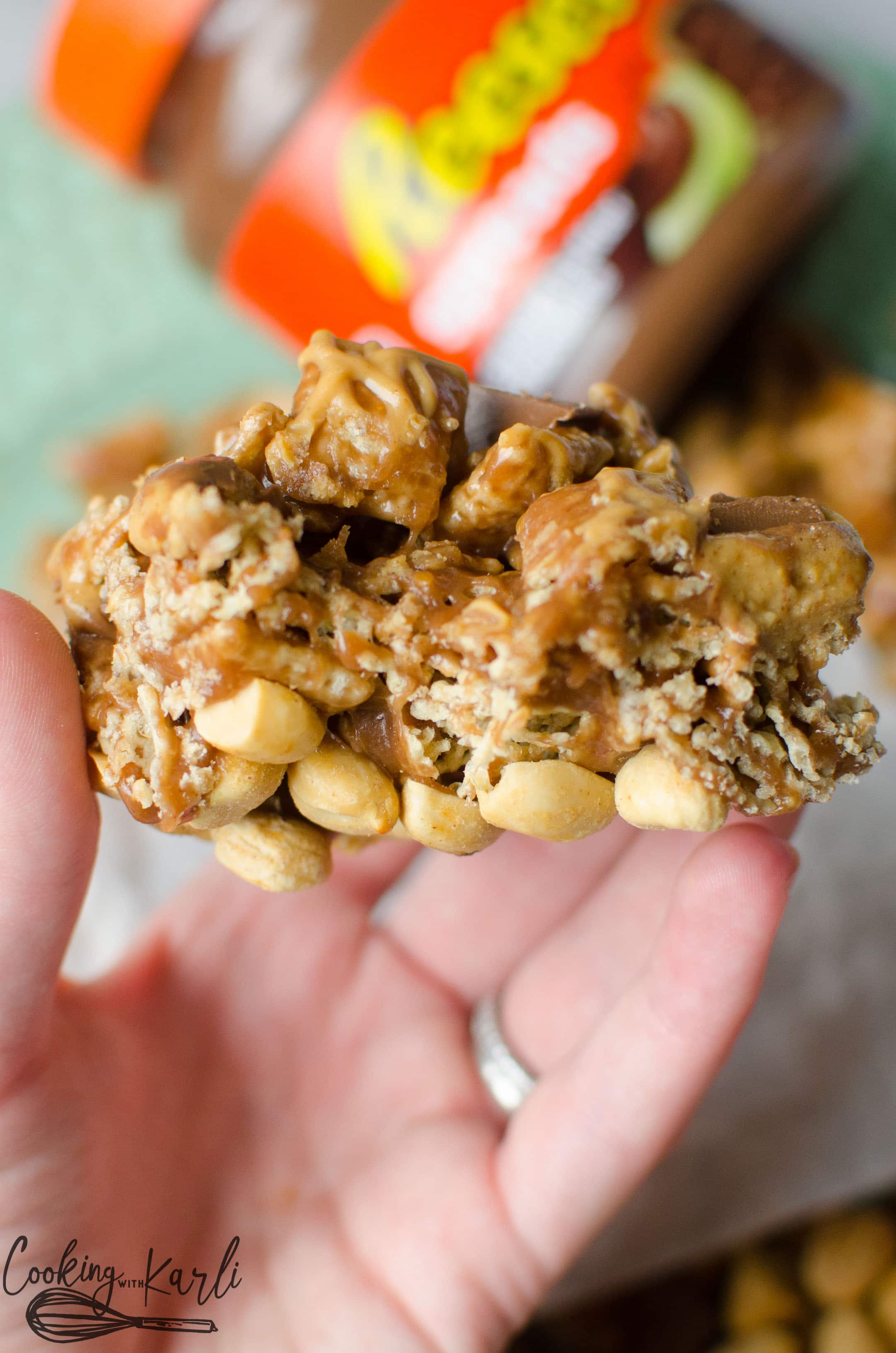 Reese's chocolate peanut butter spread used to make chex dessert bars.