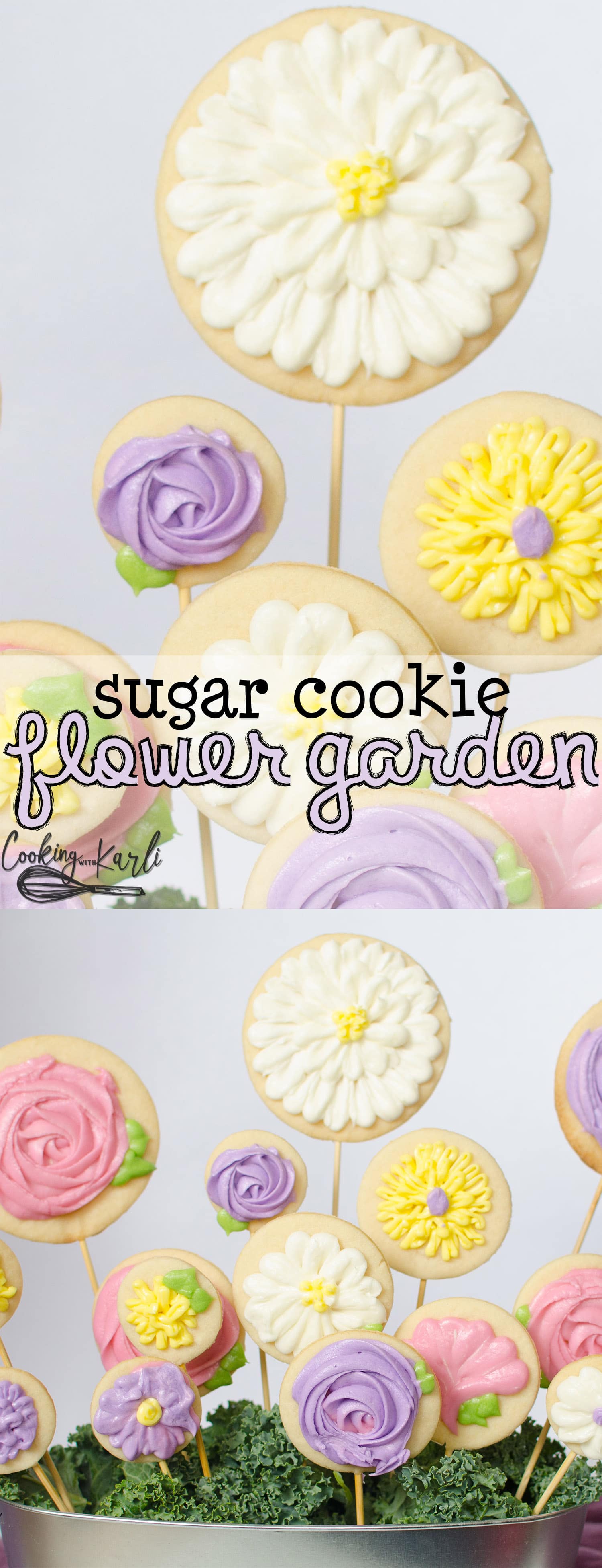 Sugar Cookie Flowers make the perfect Mother’s Day gift! Cut-out sugar cookies baked onto a skewer and decorated with buttercream frosting then arranged in a pot to look like a garden of flowers! |Cooking with Karli| #mothersday #gift #dessert #flowers #recipe #tutorial #howto #diy #sugarcookies #buttercream