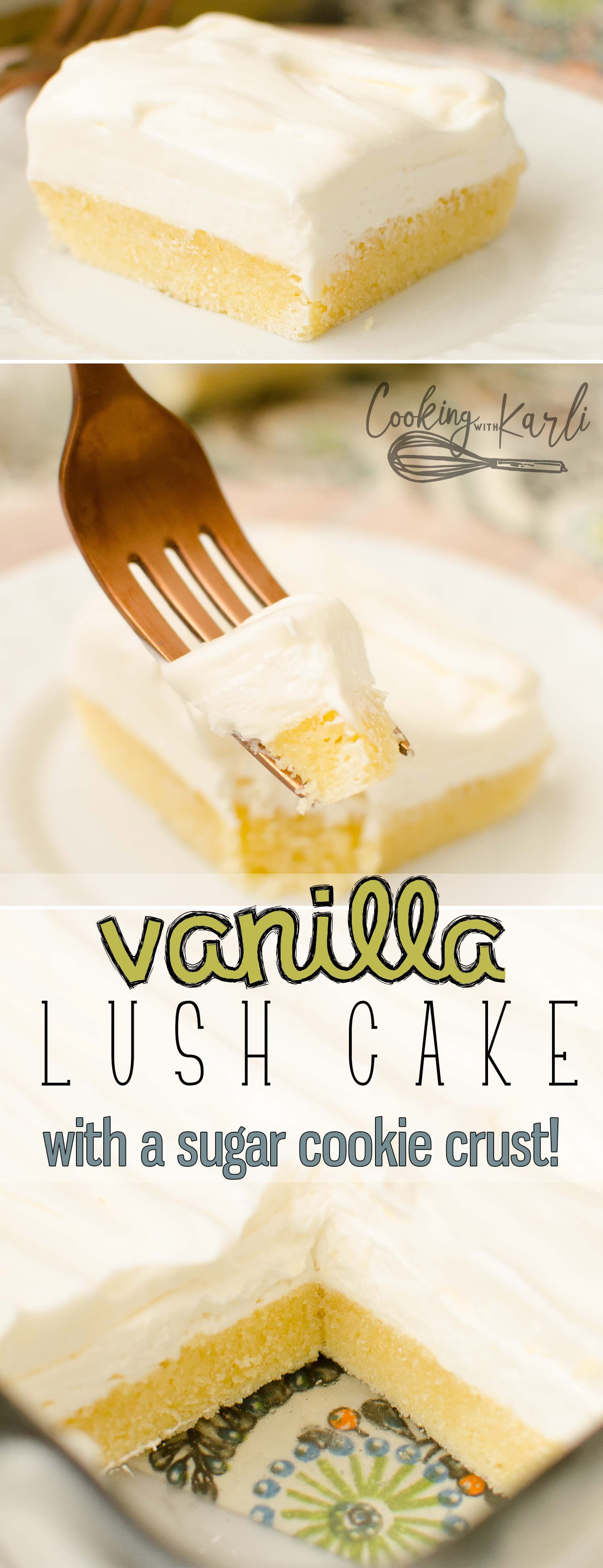 Vanilla Lush Cake is a simple, layered Cool Whip dessert with a thick & chewy sugar cookie crust. The sugar cookie crust is topped with a cream cheese layer and a vanilla Cool Whip layer. This dessert is perfect for potlucks and get togethers! |Cooking with Karli| #lushcake #lush #cake #dessert #potluck #coolwhip #recipe #easy 