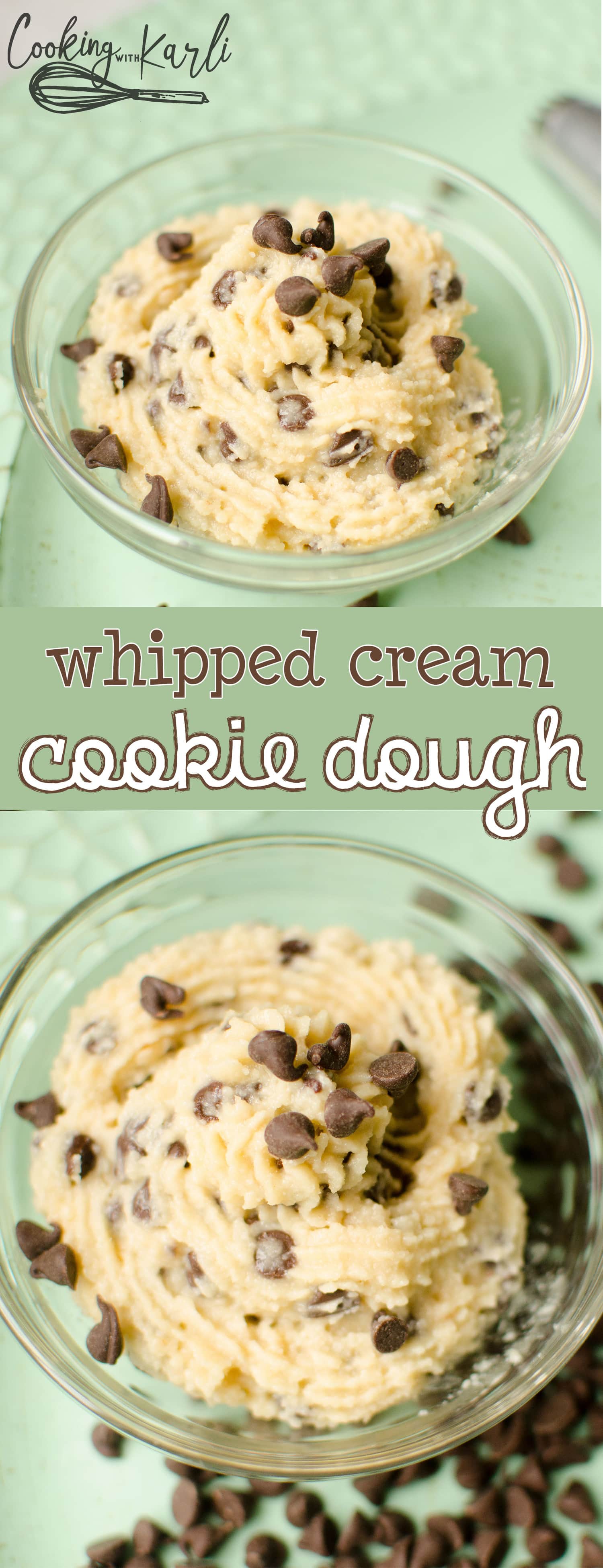 Whipped Cream Cookie Dough is packed with cookie dough flavor, chocolate chips and has the texture of whipped cream. This is great as a filling inside of cupcakes, used as a frosting or eaten with a spoon. |Cooking with Karli| #cookiedough #whippedcream #frosting #filling #dip #recipe #dessert