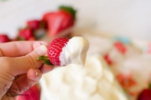 Ripe Strawberry dipped into cheesecake fruit dip.