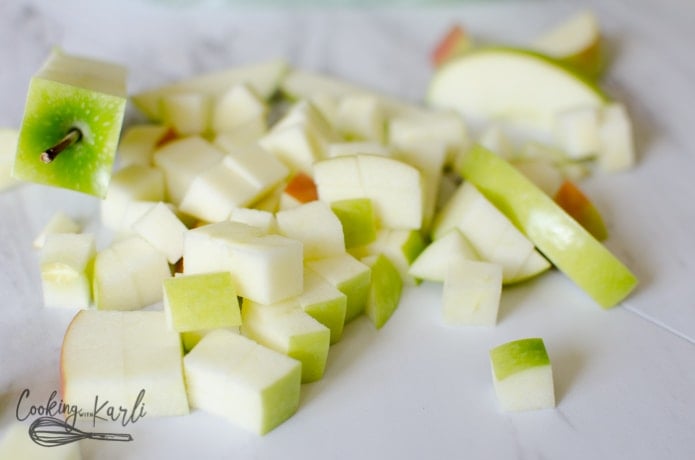 Granny Smith Apples chopped up for the caramel apple salad.