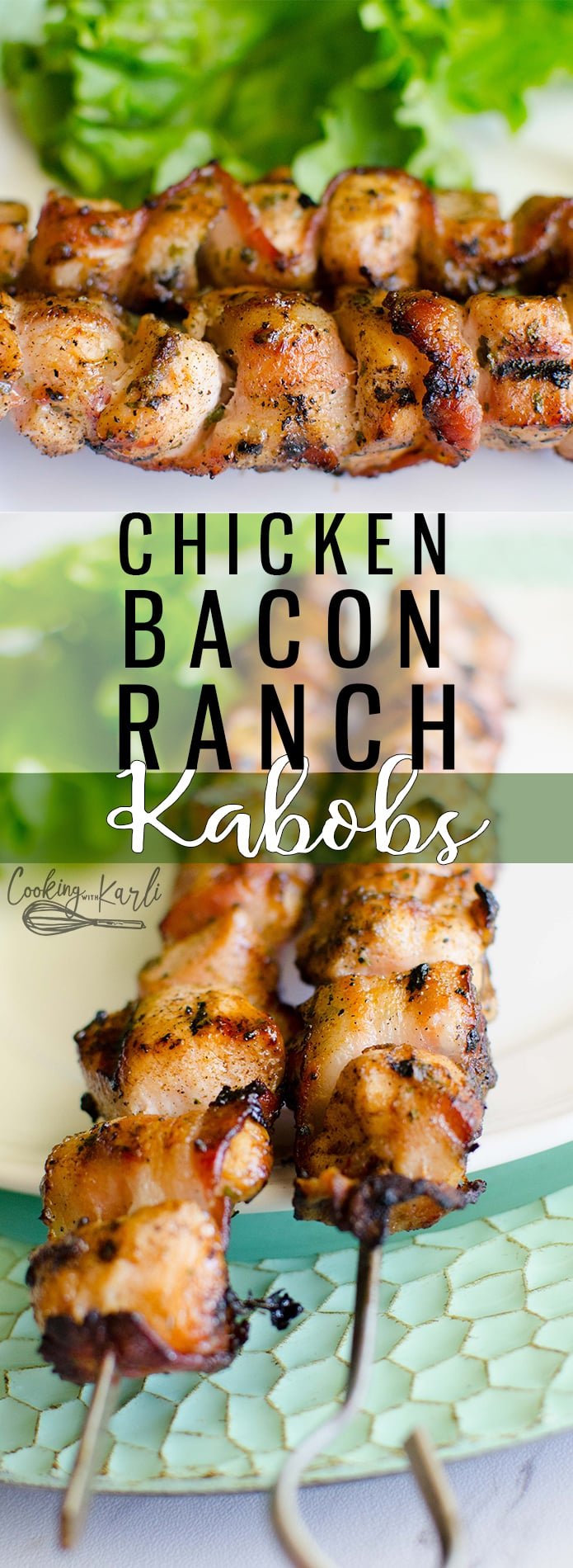 Chicken Bacon Ranch Kabobs are made on the grill and are bursting with the classic ranch flavor. Chicken chunks are rubbed with dry ranch dressing packet and then skewered with bacon. The kabobs are grilled to crispy perfection. |Cooking with Karli| #grill #memorialday #summer #chicken #bacon #ranch #recipe #dryrub