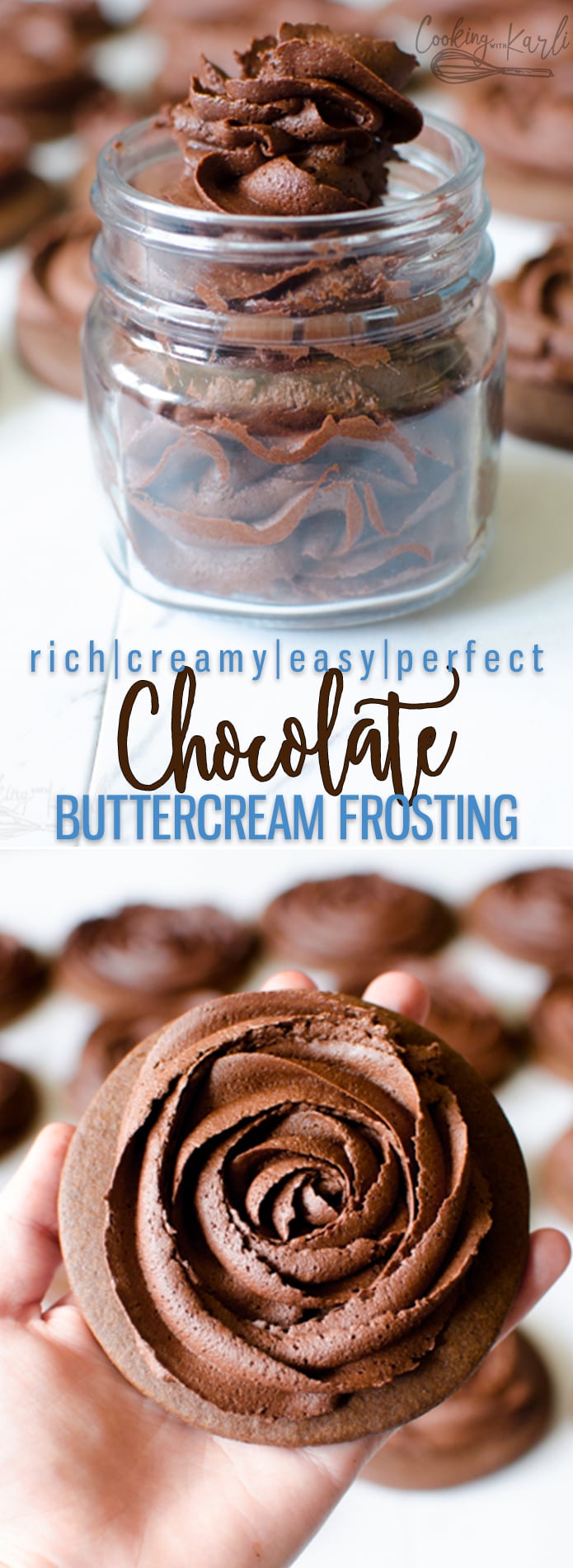  Chocolate Buttercream Frosting is rich, creamy and pip-able. This frosting is perfect for cakes, brownies, cookies or your spoon.  Chocolate Buttercream Frosting is the best chocolate frosting I've ever tasted! |Cooking with Karli| #chocolate #frosting #buttercream 