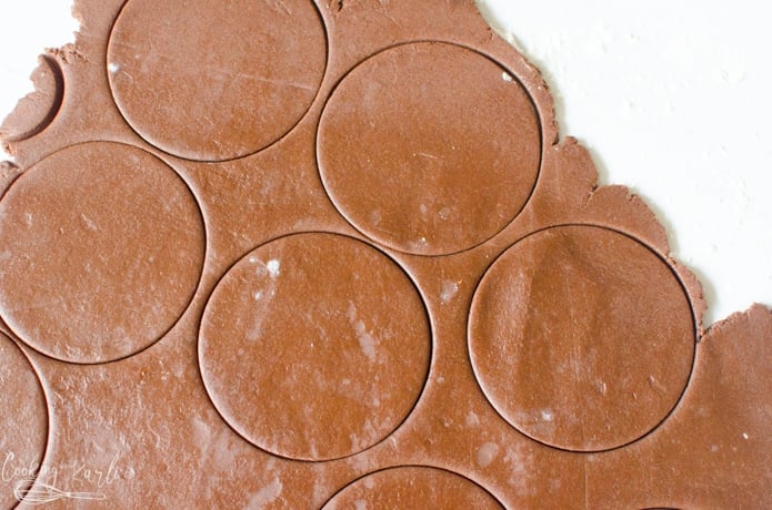 Chocolate Cut-Out Cookies rolled out and then cut with a cookie cutter.
