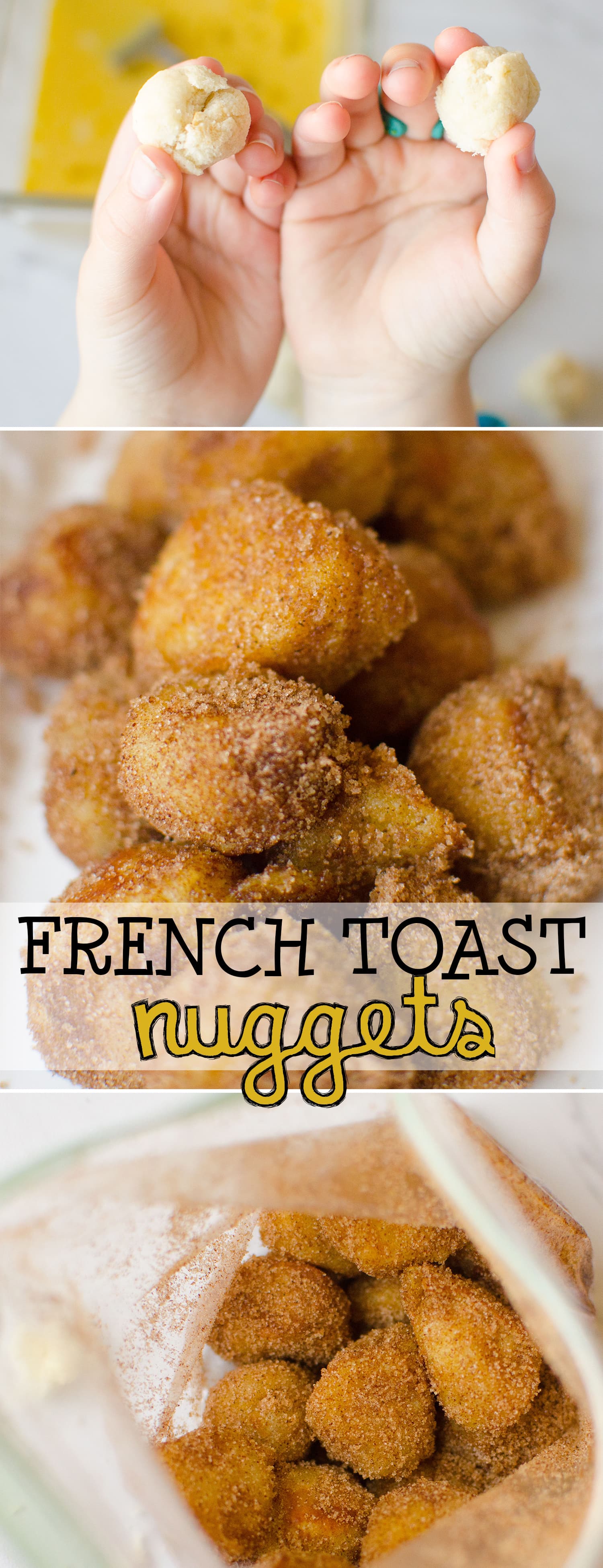  French Toast Nuggets are small, bite-sized pieces of french toast. They're dipped in egg and fried crispy-brown, and covered with cinnamon and sugar. This is such a fun alternative to regular old French toast! Plus, no forks required! |Cooking with Karli| #frenchtoast #kidcook #nuggets #breakfast #recipe