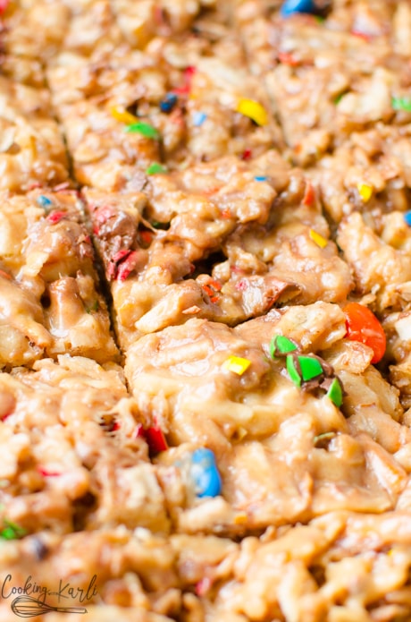 Peanut butter bars with a salty twist. Crushed m&m's throughout the bar.
