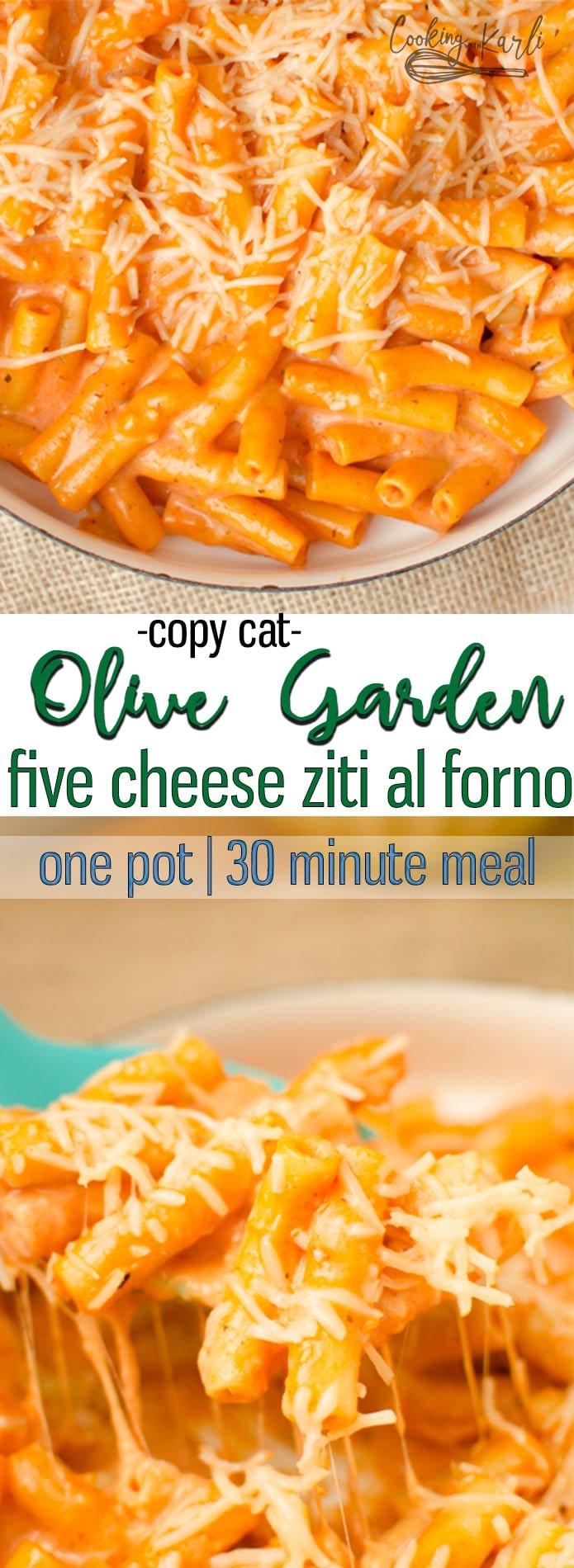 One Pot Creamy Ziti Pasta tastes even better than Ziti dishes you'd order from a restaurant! This One Pot meal is a fast, easy, dump and go dinner that won't leave you with a sink full of dishes! All it takes is a handful of ingredients to create this Pasta dish. |Cooking with Karli| #zitibake #copycat #olivegarden #creamyziti #onepot #30minmeal #fast #easy