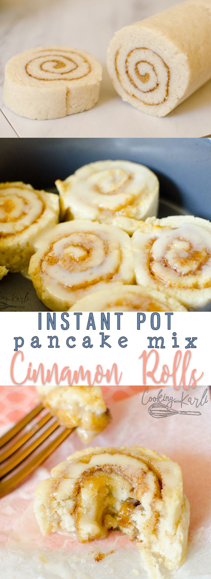 Pancake Mix Cinnamon Rolls are fast, easy and tasty! The dough is made from just three ingredients; pancake mix, sugar and milk. Cooking these in the Instant Pot keeps them soft and moist. Pancake Mix Cinnamon Rolls will be a new favorite treat! |Cooking with Karli| #instantpot #breakfast #pressurecooker #cinnamonrolls #pancakemix #hack #recipe