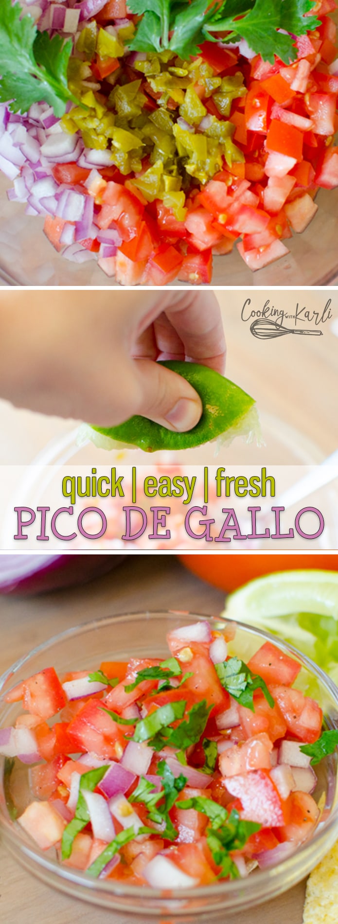 Pico De Gallo is a fresh salsa or Salsa Fresca. The fresh tomato, raw onion, cilantro, fresh lime juice and a hint of jalapeño come together to make a refreshing appetizer or topping.  |Cooking with Karli| #pico #salsa #fresca #recipe #mexican #appetizer #side #fresh 