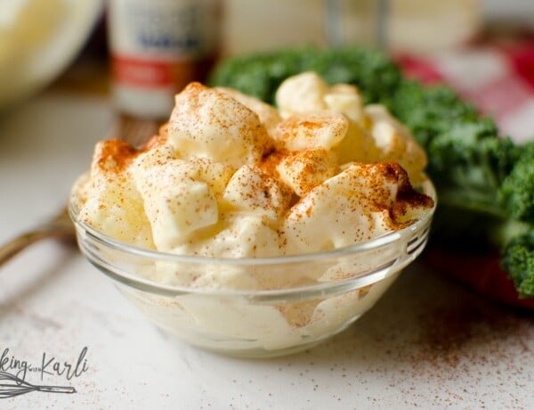 Creamy potato salad sprinkled with paprika