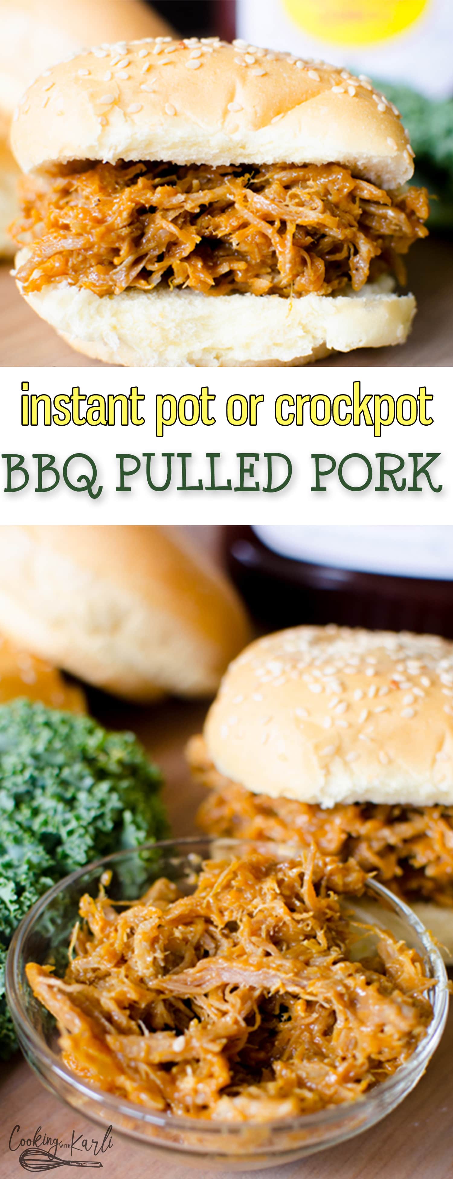 Pulled Pork is made in the Instant Pot or Crockpot and is fall apart tender, flavorful and filling! The doctored up BBQ sauce that covers the pork makes this meal completely mouth watering! This recipe is perfect for holidays, family parties or just a nice Sunday dinner. |Cooking with Karli| #pulledpork #memorialday #bbq #pork #crowd #recipe #instantpot #crockpot
