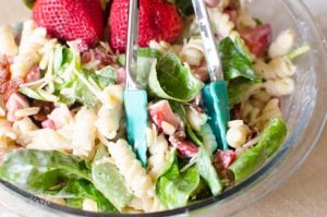 Strawberry Spinach Pasta Salad is a great side dish for summer potlucks.