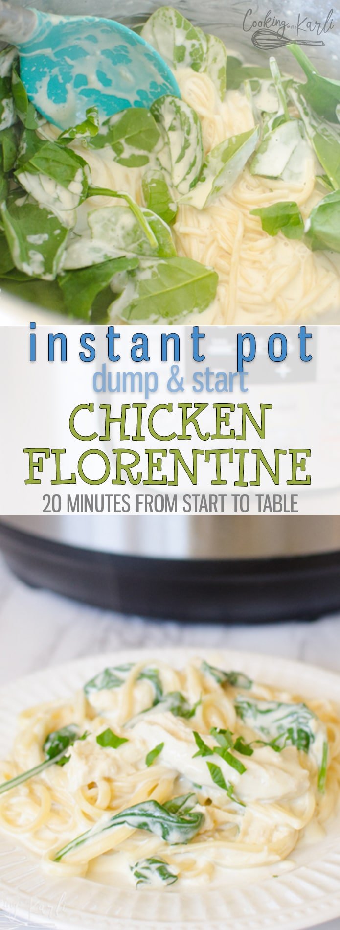 Instant Pot Chicken Florentine is a fast, easy Dump and Start meal. This is the perfect weeknight meal because it is on the table in 20 minutes! The pasta, chicken and spinach are covered in a creamy parmesan cheese and garlic sauce. Instant Pot Chicken Florentine will be your families new go-to meal! |Cooking with Karli| #pasta #instantpot #fast #easy #30minutemeal #weeknight 