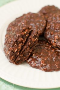soft, chewy chocolate no bake cookies served on a plate.