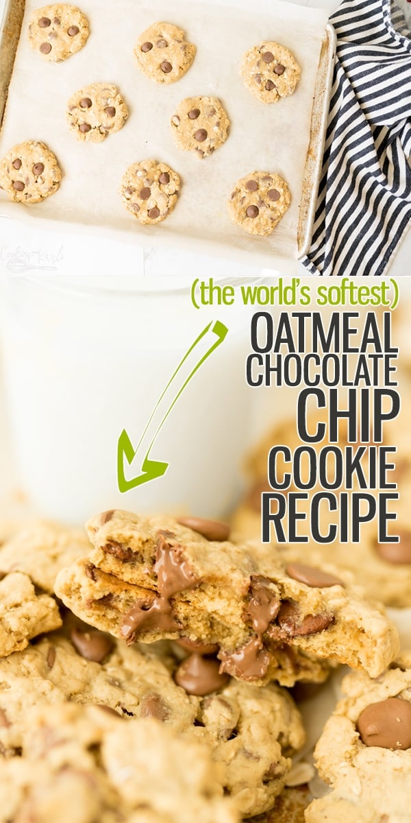 Oatmeal Chocolate Chip Cookies are soft, chewy and full of chocolate chips and that classic oat flavor. These cookies are a perfect comfort treat with a special ingredient to make them crazy soft.. for days!!  |Cooking with Karli| #oatmealchocolatechip #soft #softbatch #creamcheese #recipe