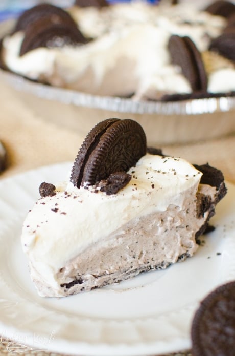 No bake oreo, cookies and cream pie sliced and served.