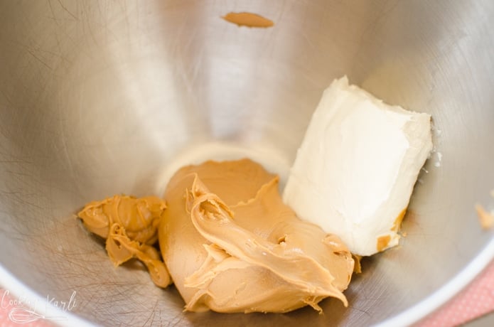cream cheese and peanut butter are the first two ingredients mixed together for the pie.