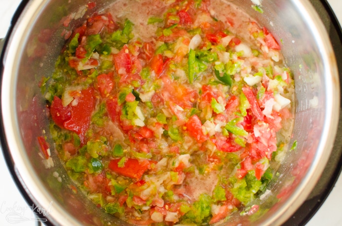 The salsa before pressure cooking in the instant pot.