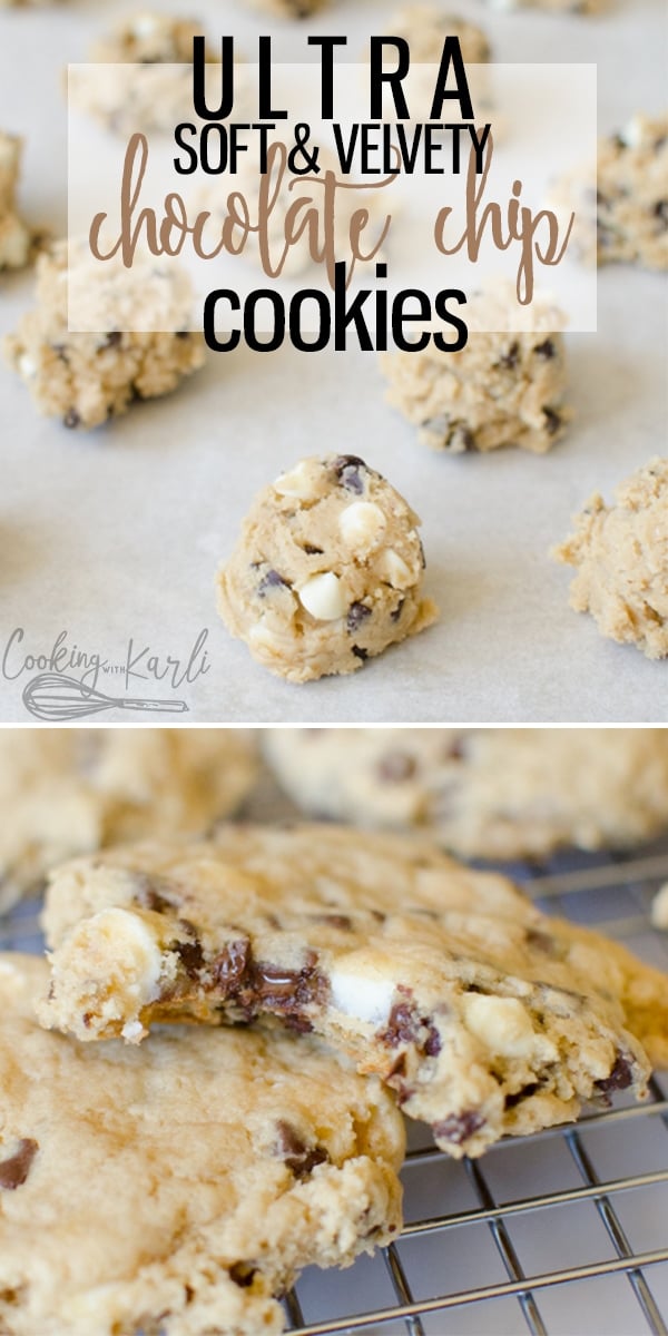 Soft Batch Chocolate Chip Cookies are a velvety soft, melt in your mouth, gooey, chocolatey cookie. Replacing some butter with cream cheese makes these cookies ultra soft for days! |Cooking with Karli| #soft #chewy #fromscratch #homemade #creamcheese 