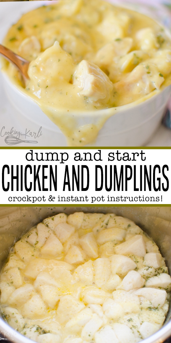 Easy Chicken and Dumplings can be thrown together in minutes and can cook in either the Instant Pot or Crockpot. Using Cream of Chicken soups and biscuit dough, this meal is no-prep! Perfect for a busy weeknight dinner. |Cooking with Karli| #chicken #dumplings #easy #canneddough #creamofsoup #withbiscuits #easy #homemade