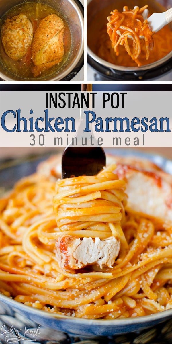 Instant Pot Chicken Parmesan is a breaded chicken breast sitting on top of perfectly cooked pasta smothered in red pasta sauce. The chicken is moist, juicy and tender. This 30 minute dinner will be a weeknight favorite!! |Cooking with Karli| #instantpot #chickenparm #pasta #recipe #easy #fast #dinner #weeknightdinner #30minutemeal