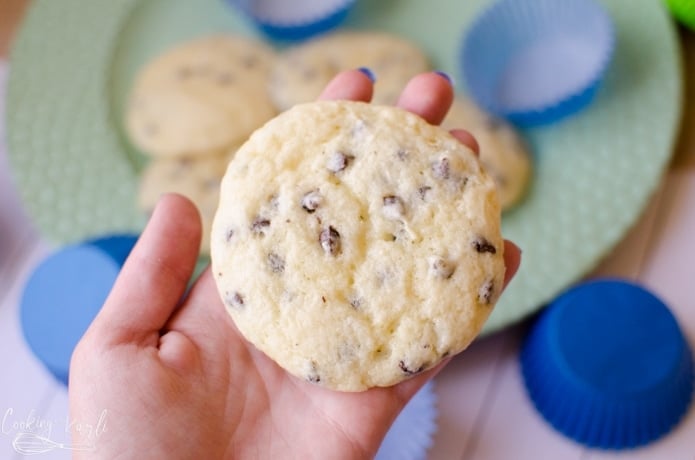 Muffin tops are a light and fluffy muffin-like cookie full of chocolate chips.