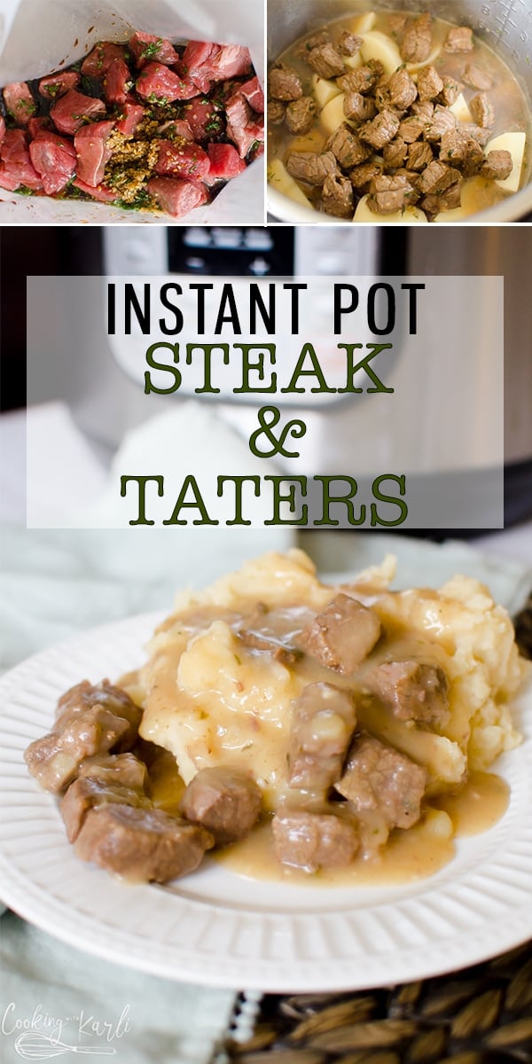 Instant Pot Steak and Potatoes cook all together in the Instant Pot at the same time! Tender steak tips, fluffy mashed potatoes and silk smooth gravy to bring the whole meal together! This is a dinner the family will love! |Cooking with Karli| #instantpot #instantpotrecipes #pressurecooker #steak #beeftips #mashedpotaotes #potatoes #gravy #onepot #marinade 