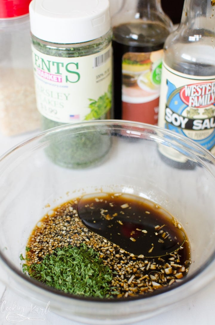 soy sauce, Worcestershire sauce, oil. garlic, onion and parsley makes up the marinade.