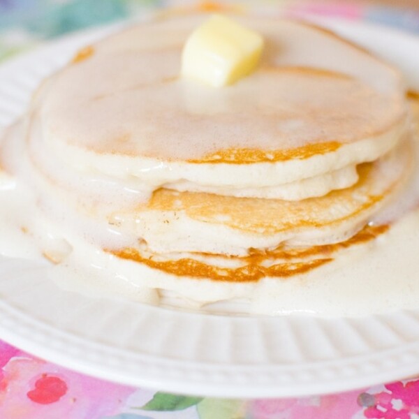vanilla bubble pancake syrup on a stack of pancakes